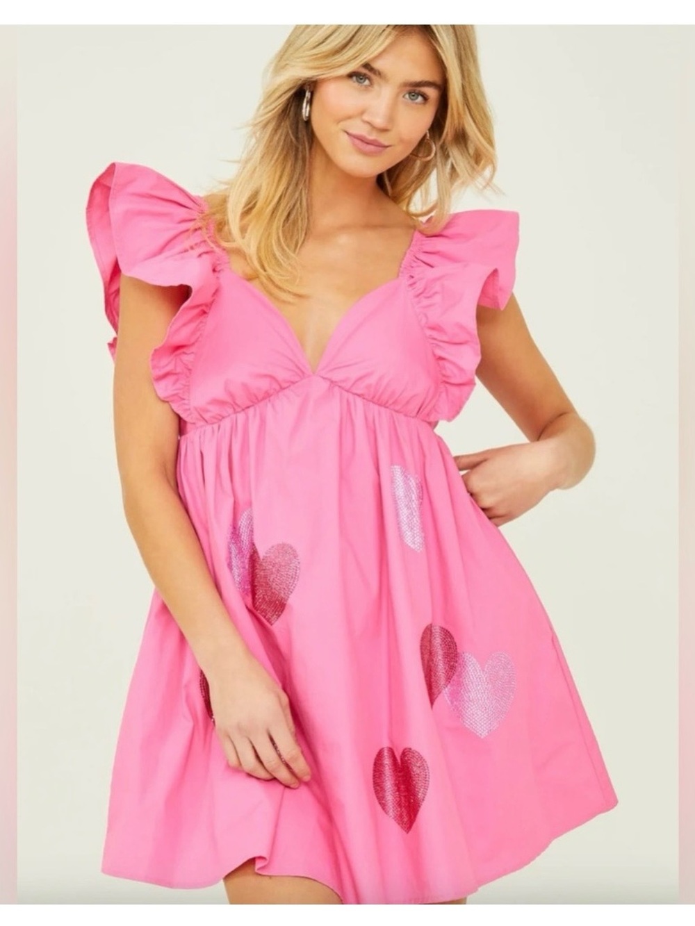 Altar'd State Bright Pink Heart Print Ruffle Mini Dress